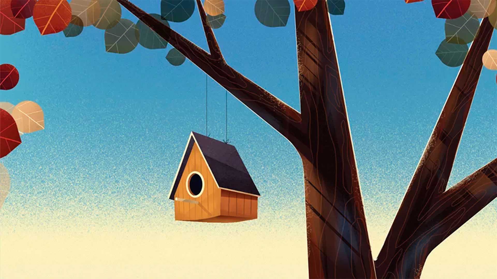 Una casita de pájaros cuelga de una rama de arbol, un fotograma del cortometraje 'Vuela', de Thinkwild Studios