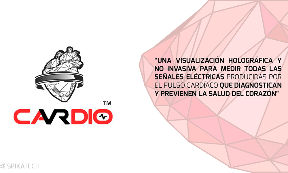 Un dibujo de un corazón anatómico, acompañado de la leyenda "una visualización holográfica y no invasiva para medir todas las señales eléctricas producidas por el pulso cardiaco que diagnostican y previenen la salud del corazón".