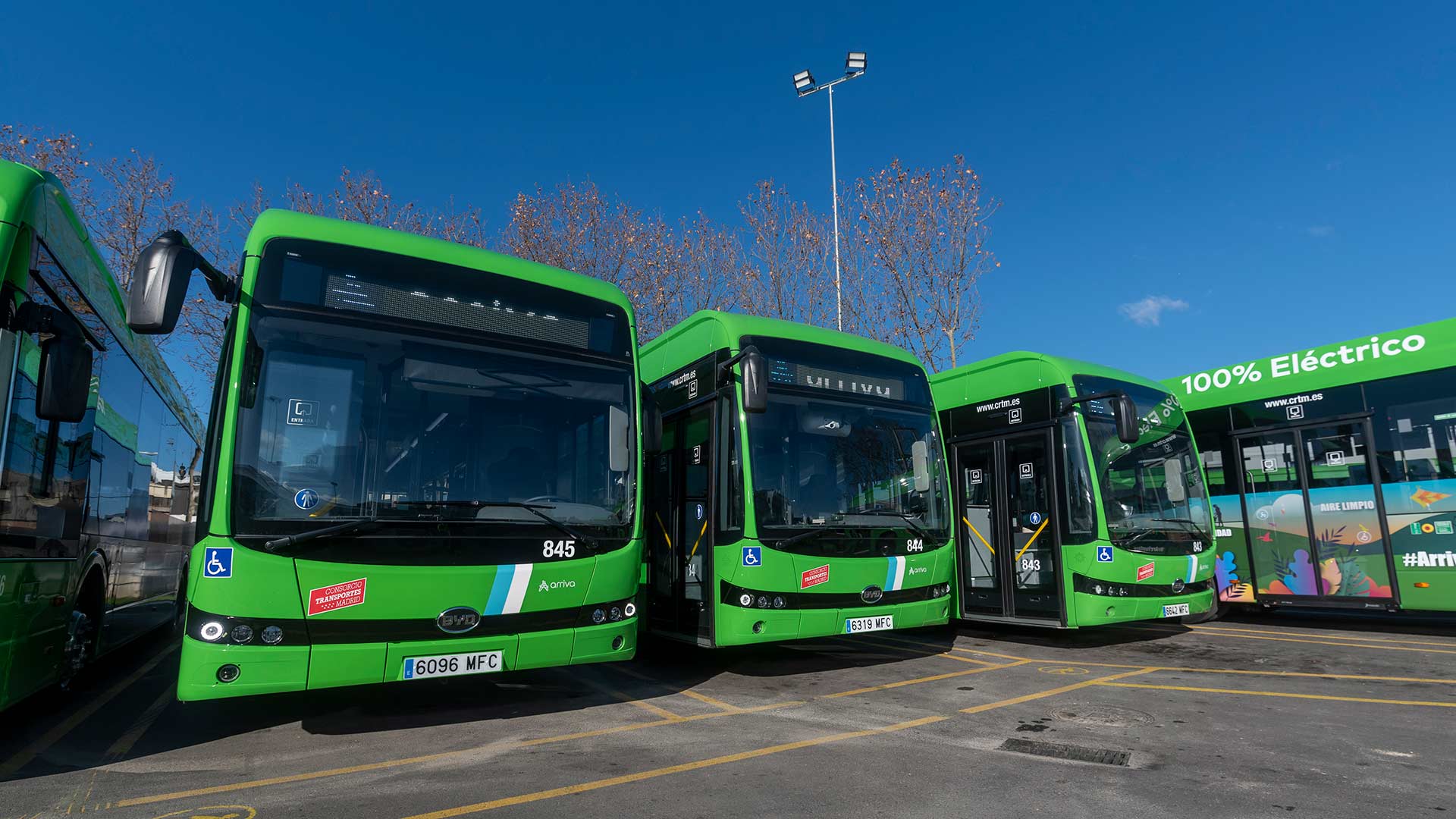 Cuatro autobuses verdes aparcados. En uno de ellos podemos leer "100% eléctrico".