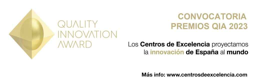 Logotipo Quality Innovation Award junto a la leyenda: "Convocatoria Premios QIA 2023. Los Centros de Excelencia proyectamos la innovación de España al mundo".