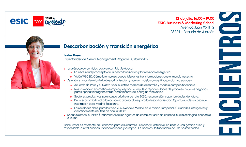 Descarbonización y transición energética. Programa del encuentro y biografía de la docente, Isabel Roser.